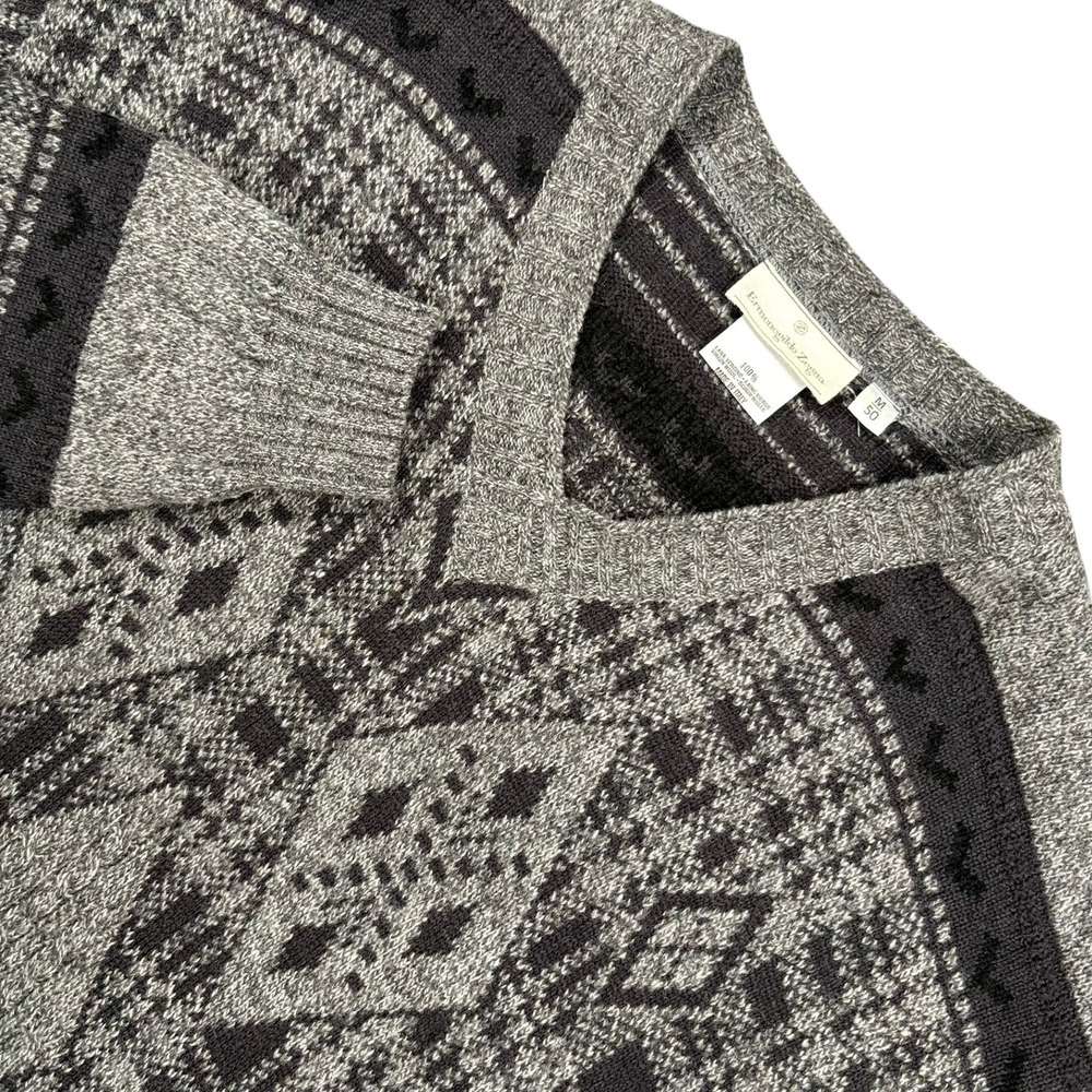 Ermenegildo Zegna Cable Knit V-Neck Sweater Mens M Gray Argyle Virgin Wool Italy